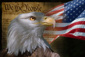 Three symbols of truth: Declaration of Independence, flag, and eagle.