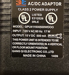 Specifications label on wall wart.